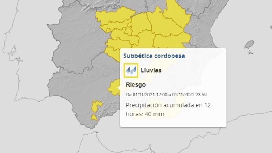 Aviso amarillo para la Subbética por fuertes lluvias, según la previsión de la Aemet este lunes a las 8.25 horas.