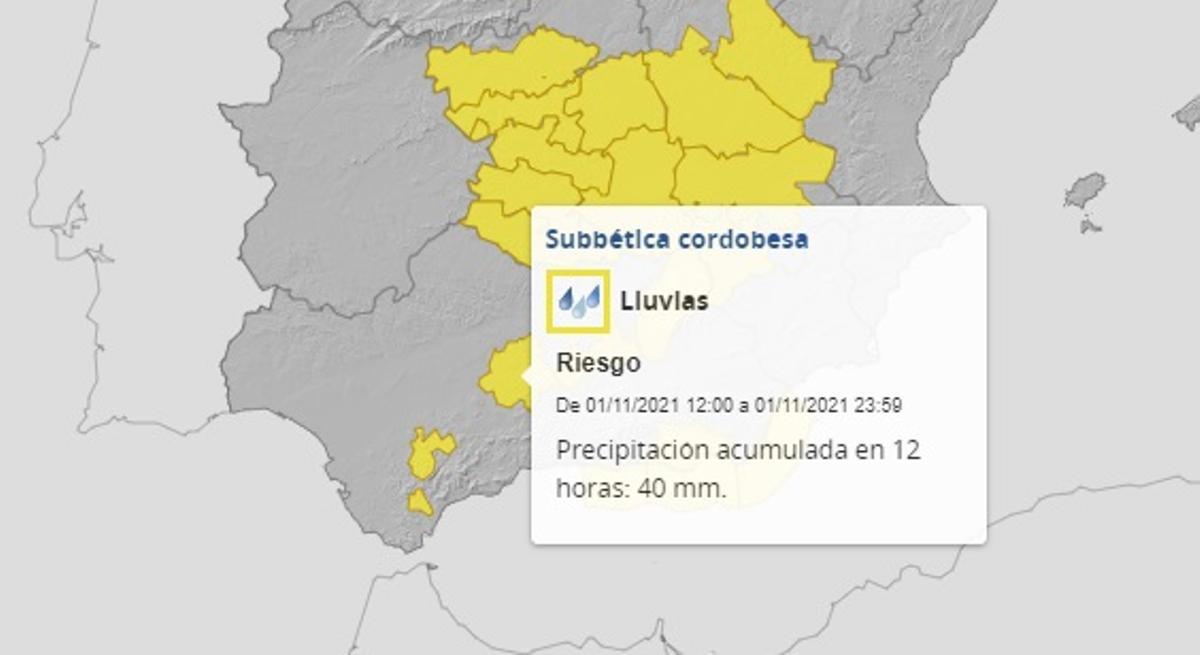 Aviso amarillo para la Subbética por fuertes lluvias, según la previsión de la Aemet este lunes a las 8.25 horas.