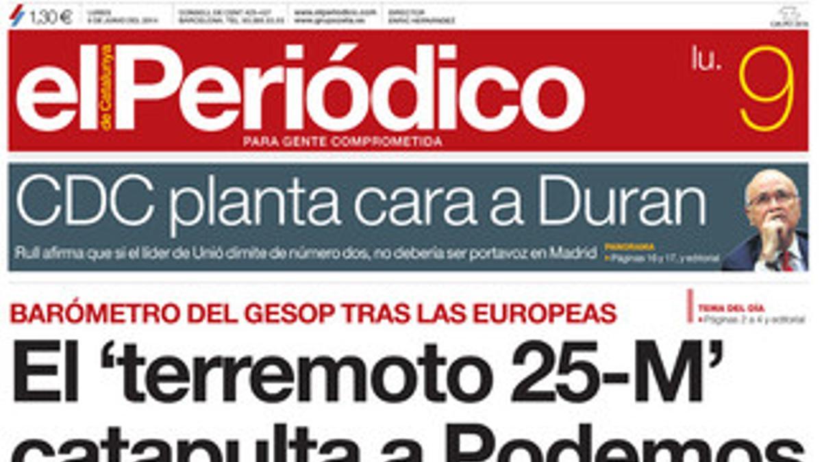 La portada de EL PERIÓDICO (9-6-2014).