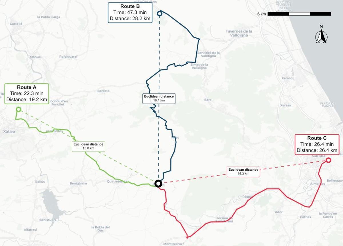 Distancia entre Llutxent y sus tres hospitales más cercanos.