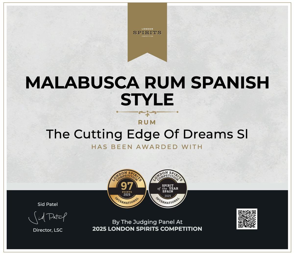 El diploma de la London Spririts Competition.