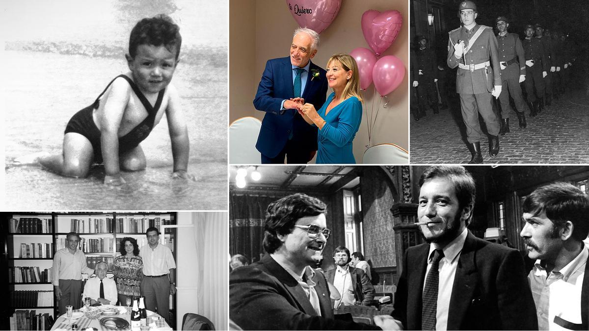Arriba y por la izquierda: Yo, del “culo moyáu”. En la playa de San Lorenzo (1948). Archivo familiar; El pichón, anillado. Tras nuestro matrimonio ante notaria (12 de noviembre de 2021), celebramos la boda con la familia, restringidos por la pandemia pero con anillos, lunch, pastel, palabras, beso, lluvia de pétalos y acordes de un virtuoso violinista pautando los momentos: “Asturias, patria querida”, marcha nupcial de Lohengrin, vals. Foto de Montse Lorenzo; Mi 68 nacional-católico. Desfilando al frente de mi sección del tercer escuadrón del Regimiento de Caballería de Santiago número 1, en la procesión del Jueves Santo (1968), durante mi periodo de prácticas de alférez en Salamanca (cuartel El Charro). Archivo personal; Celebrando mi vuelta al curro. Reincorporación al despacho de abogados (septiembre de 1991) junto a mi padre, Pedro de Silva Sierra, mi hermano Fernando de Silva y su esposa, Concepción Reigada; y, finalmente, Inicio la legislatura entre el metal y el carbón. Tras ser elegido presidente del Principado por la Junta General el 17 de junio de 1983, recibo las primeras felicitaciones de los diputados Manuel Fernández, “Lito”, secretario general de UGT, y Belarmino García Noval, dirigente del SOMA. Al fondo, tras el técnico de TV, se adivina la figura de José Ángel Fernández Villa. Junta General.