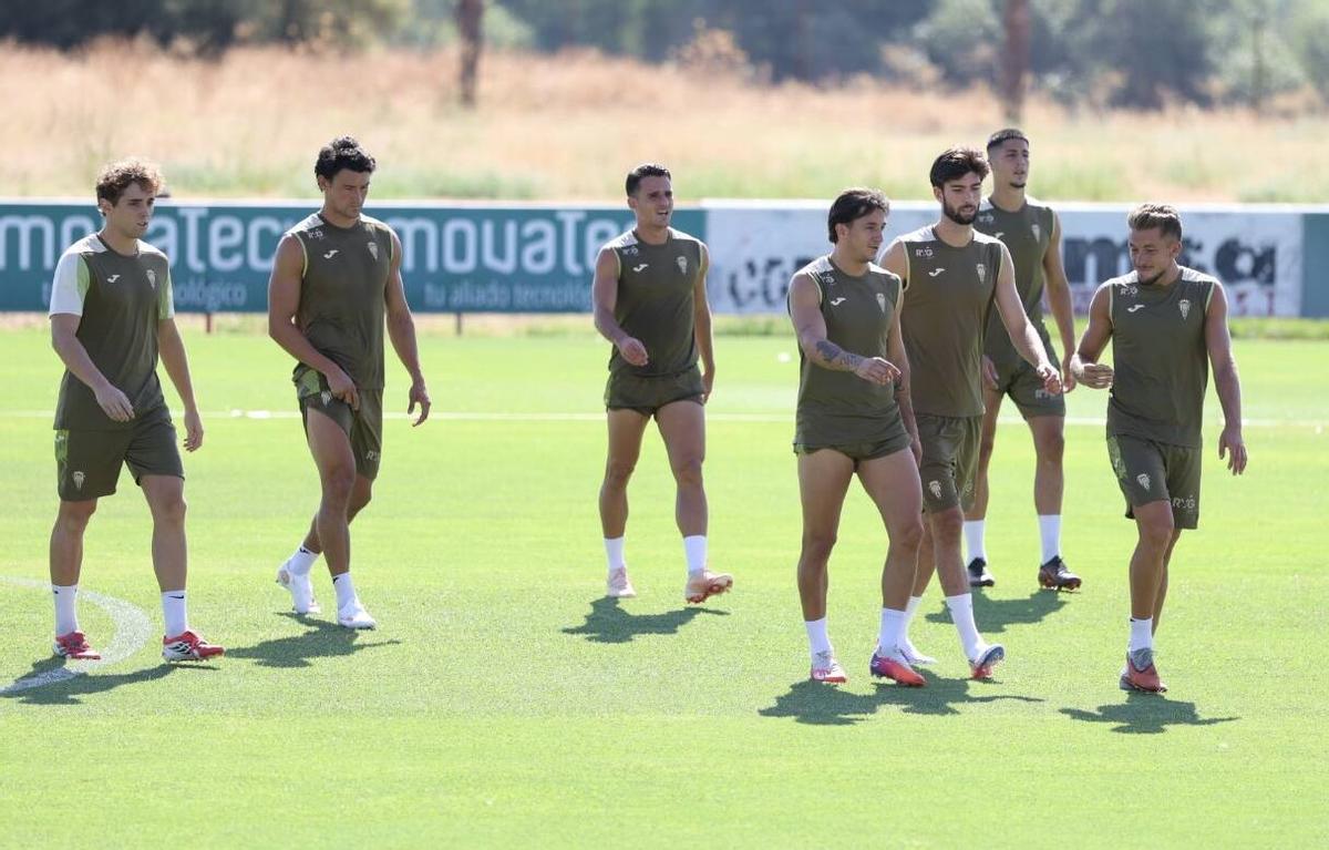 Un grupo de jugadores del Córdoba CF, en el entrenamiento de este martes de la Ciudad Deportiva.