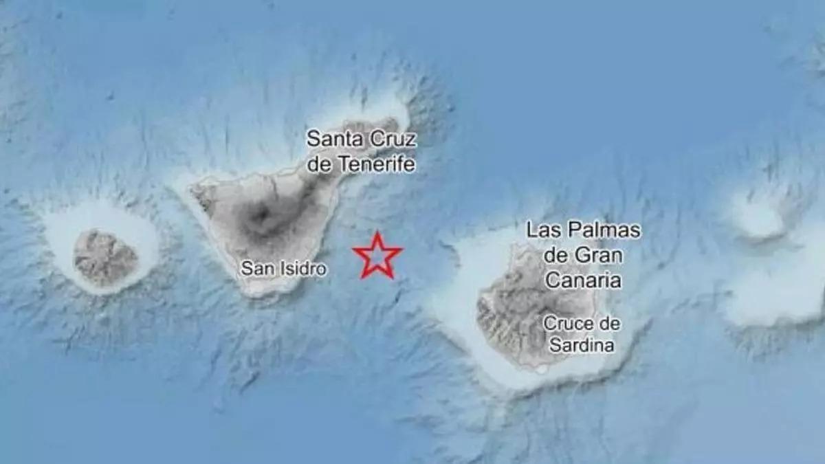 Epicentro del terremoto entre Tenerife y Gran Canaria en la tarde del lunes 27 de julio de 2026 de magnitud 3,1, según el IGN