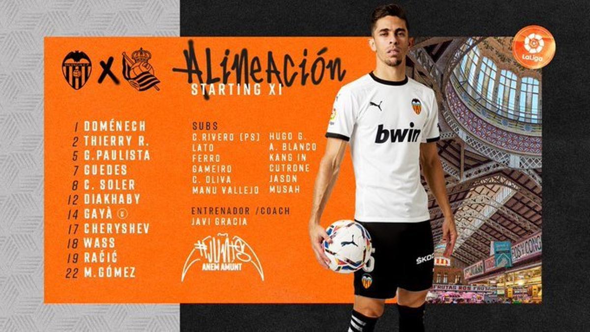 Las alineaciones oficiales para el Valencia-Real Sociedad