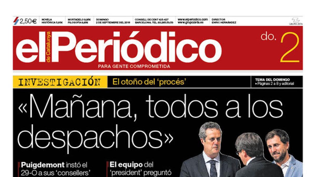 La portada de EL PERIÓDICO del 2 de septiembre del 2018.