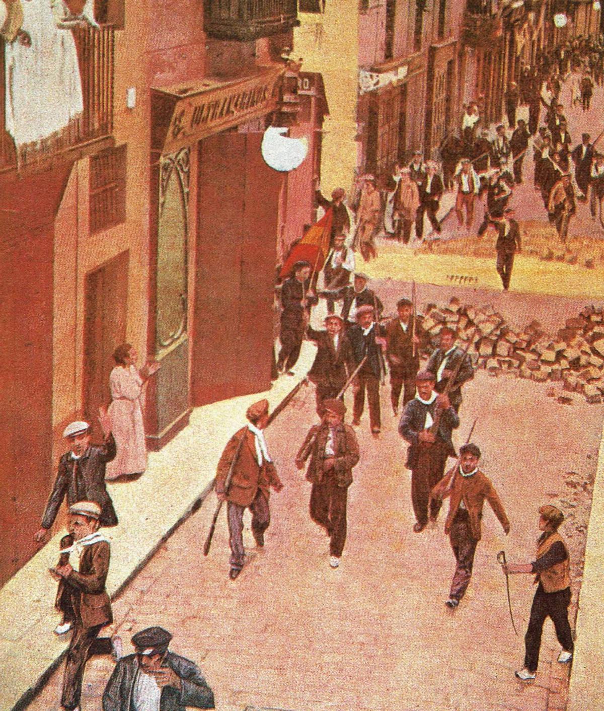 Fotografia acolorida d’una barricada a Barcelona durant la Setmana Tràgica.