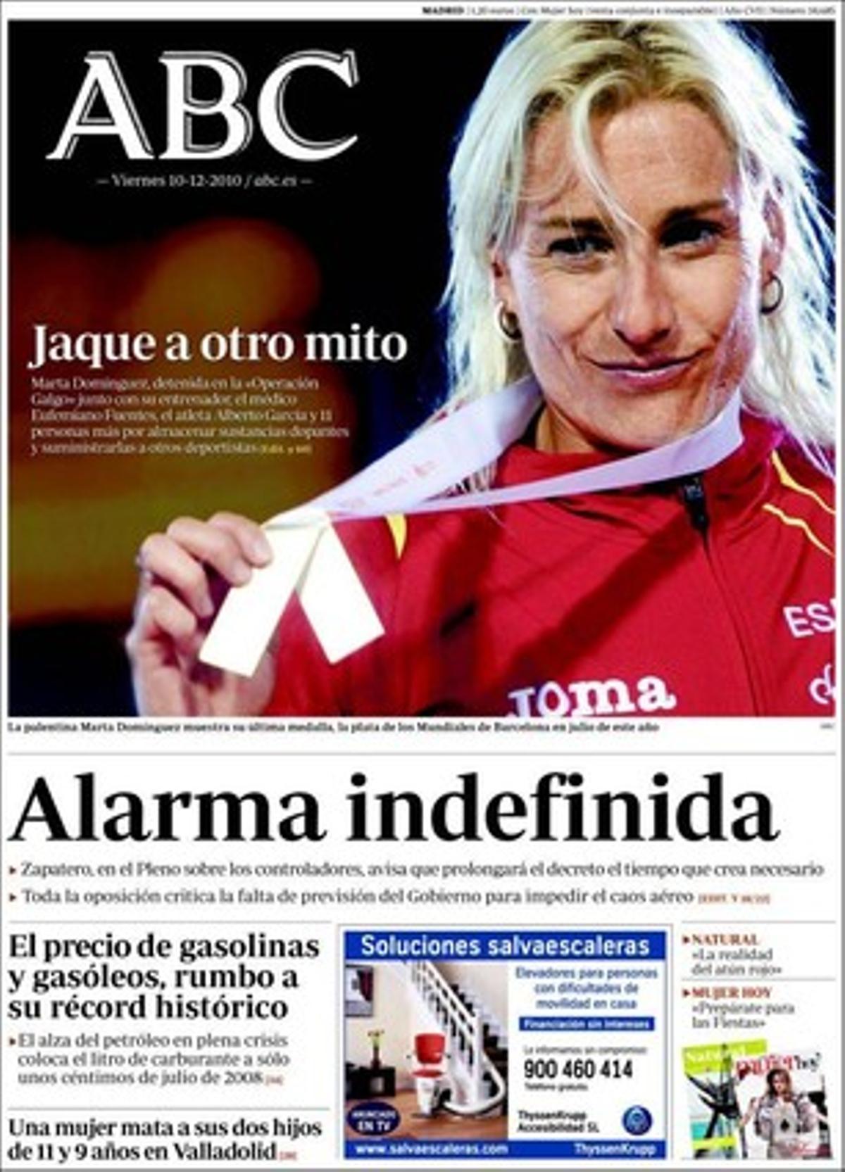 ’Abc’ destaca també que un 5% dels espanyols van pagar un suborn l’últim any, segons el Baròmetre Global de la Corrupció del 2010 de Transparència Global, que el preu de la gasolina es dispara i fa saltar les alarmes de la inflació, i que el Govern obre un altre front amb les farmàcies amb les receptes unidosi que aquestes hauran de fraccionar des del 2011.