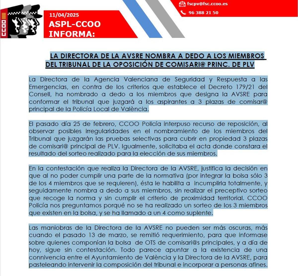 Comunicado emitido por CCOO sobre la oposición en marcha para comisarios principales.