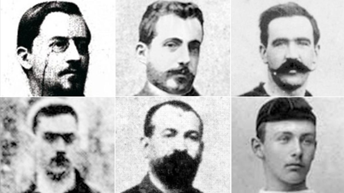 Arriba, de izquierda a derecha: Walter Wild, Bartomeu Terradas y Arthur Witty. Abajo, mismo orden: Juli Marial, Vicente Reig y Hans Gamper
