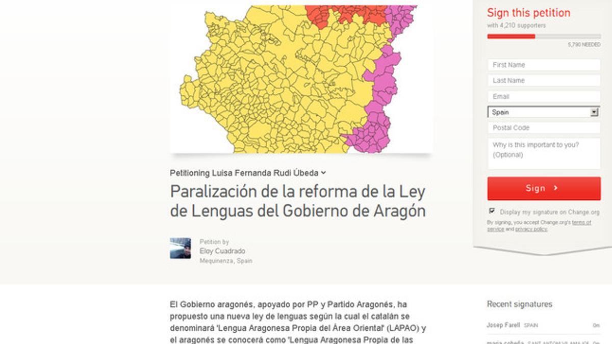 Petición en Change.org para paralizar la Ley de Lenguas del Gobierno de Aragón