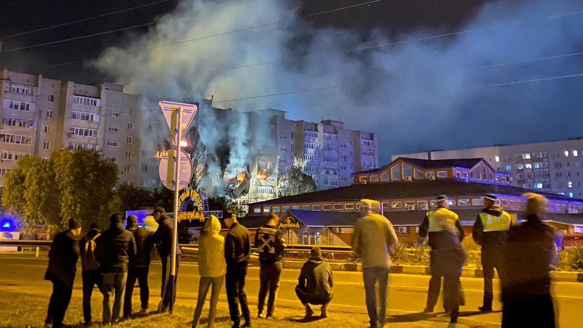 A view shows a site of a plane crash on residential building in the southern city of Yeysk