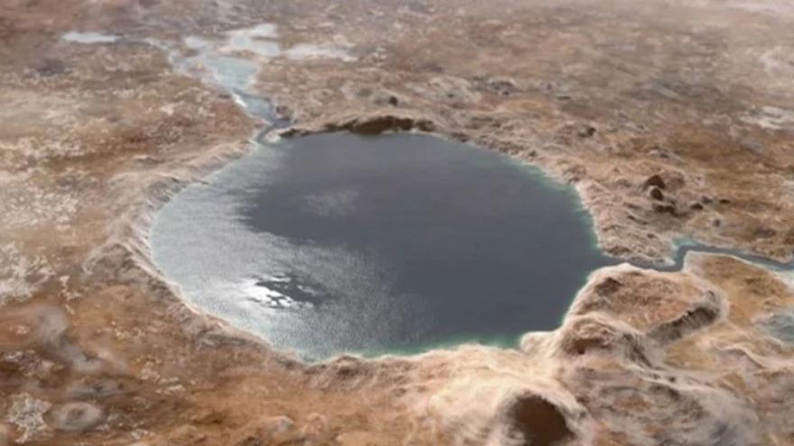 Recreación artística que muestra cómo pudo haberse presentado el agua en Marte.