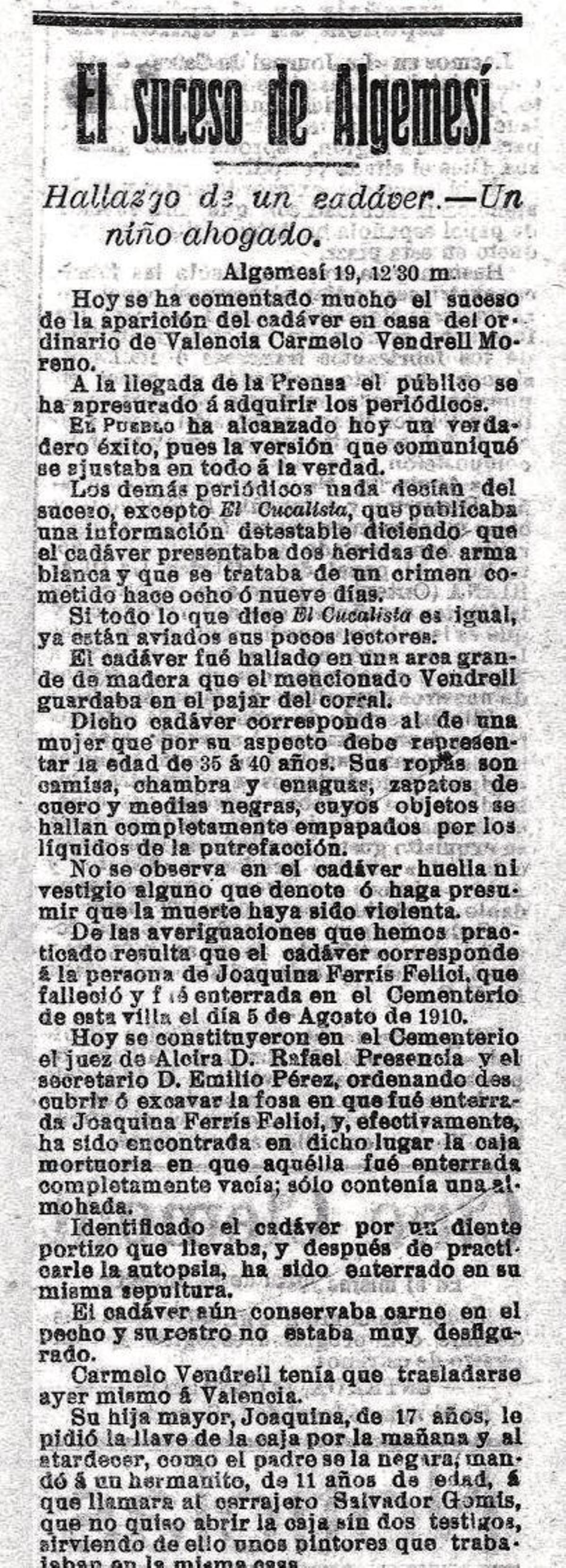 L’ordinari d’Algemesí  que desenterrà la seua dona