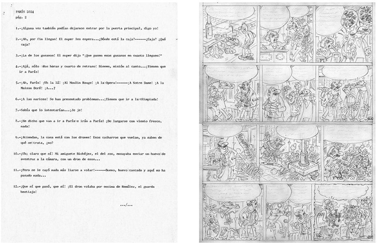 Doble página de guion y dibujo de París, 2024.