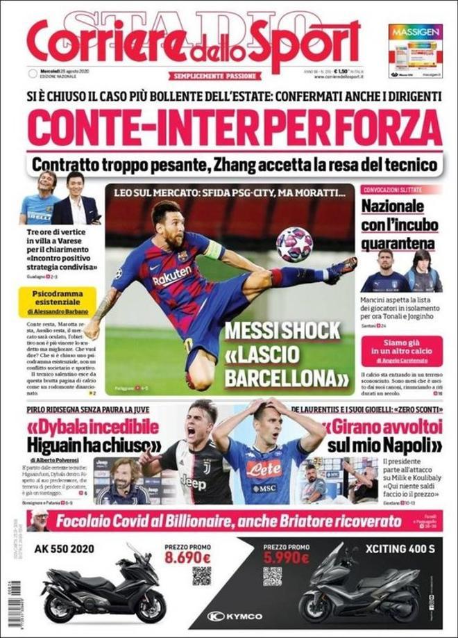 La portada del diario Il Corriere dello Sport del 26 de agosto
