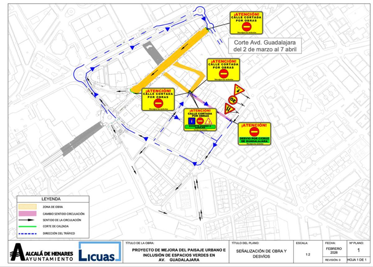 Mapa de los cortes de tráfico con motivo del proyecto de rehabilitación de la avenida de Guadalajara