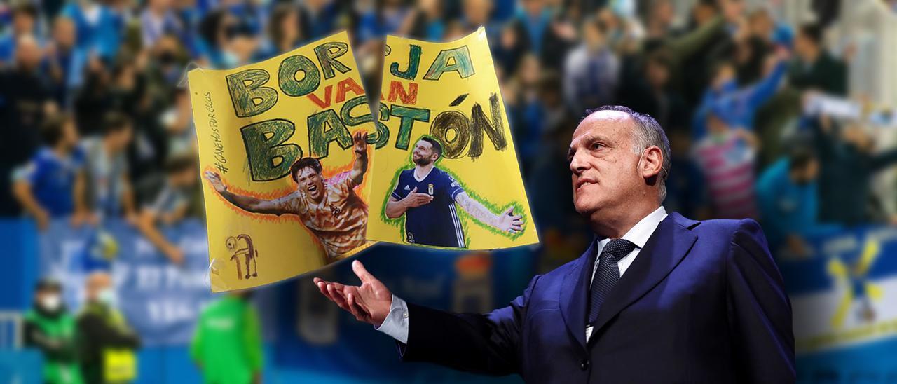 Javier Tebas y el cartel que un niño aficionado del Oviedo tuvo que retirar en Butarque