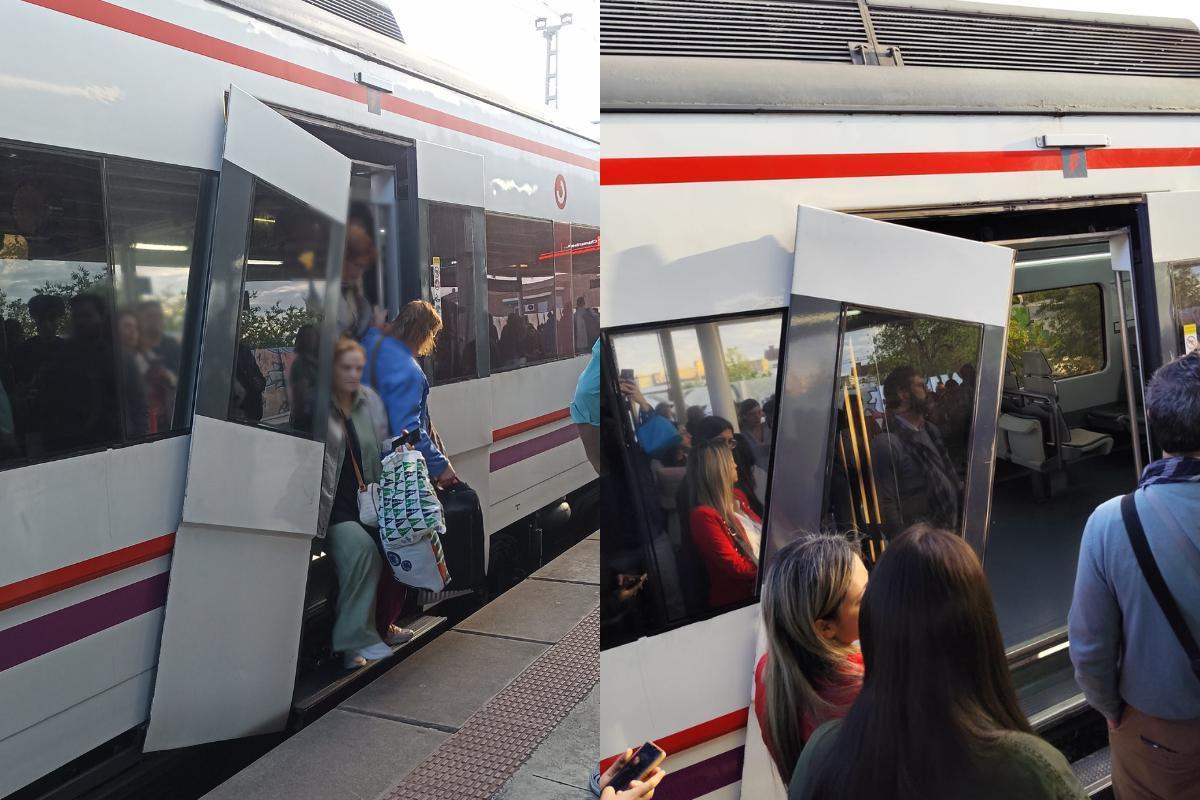Un tren circula con la puerta abierta en la estación madrileña de Vallecas