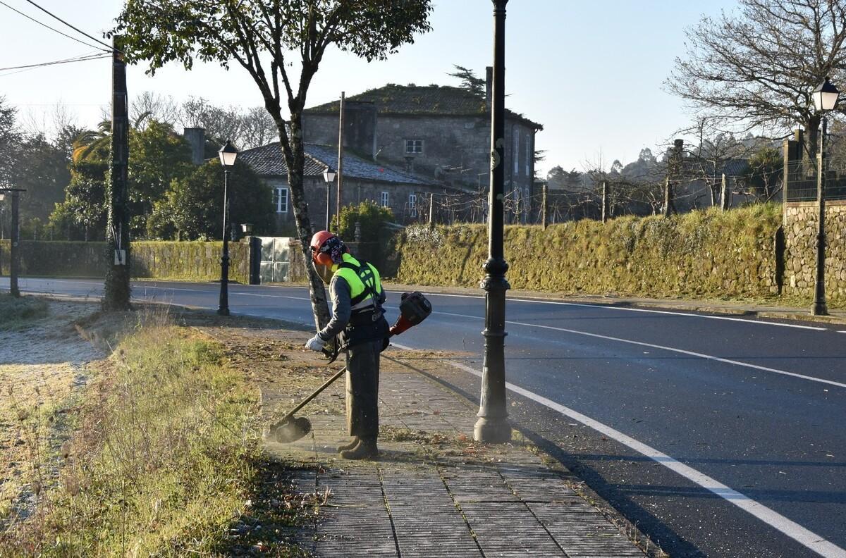 Un operario en labores de desbroce para despejar aceras en Ames