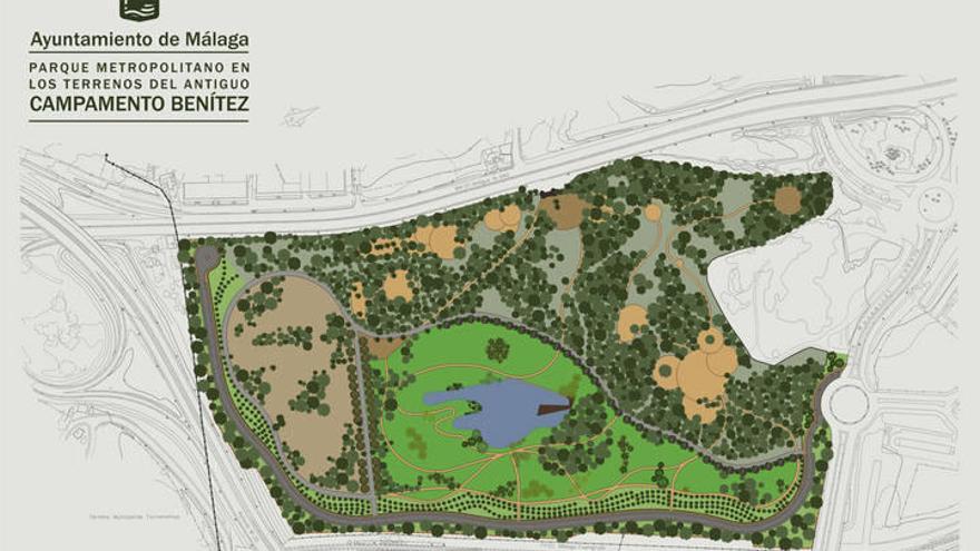 Detalle del plano del futuro parque que el Ayuntamiento de Málaga ha previsto en el Benítez y del que tendrá que eliminar la laguna central.