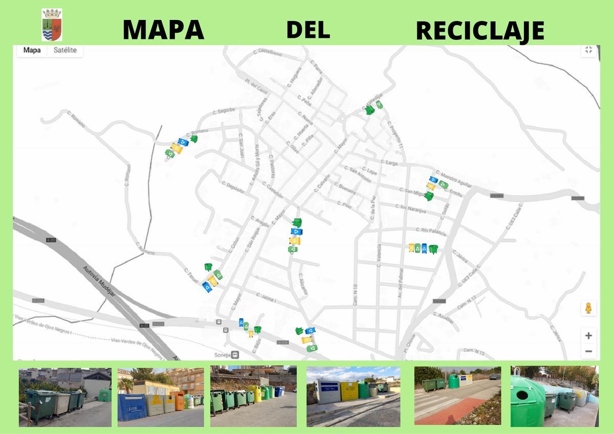 Este mapa recoge la distribución de los contenedores de reciclaje en Soneja.