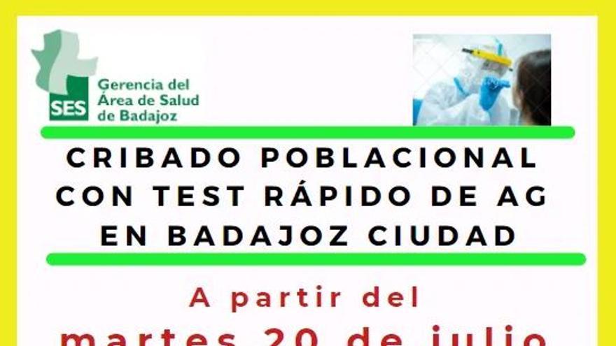 Cartel informativo del cribado poblacional con test de antígenos en Badajoz.