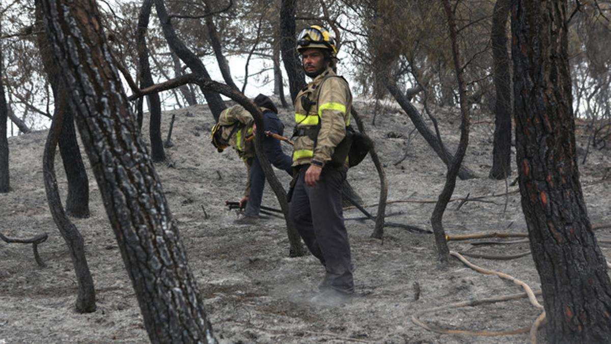 Un bombero trabaja en la extinción del incendio forestal de Òdena, este lunes.