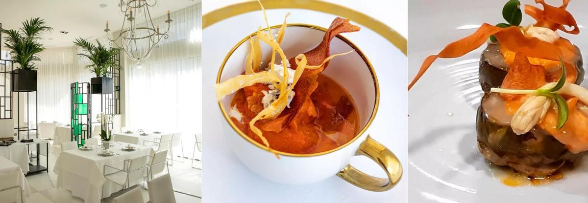 Mesas del restaurante Frisone y dos de sus propuestas gastronómicas.