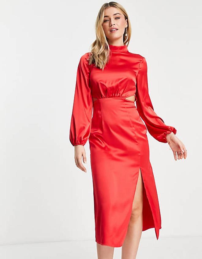 Vestido de fiesta midi rojo con aberturas de satén de Miss Selfridge