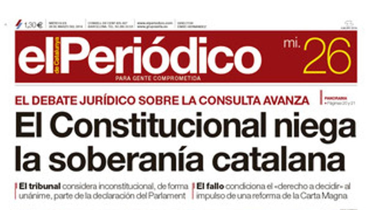 La portada de EL PERIÓDICO (26-03-2014).