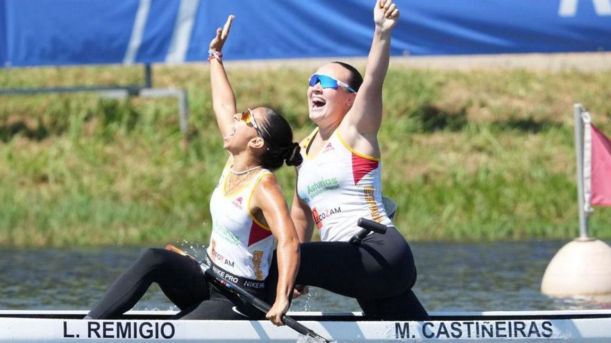 Remigio y Castiñeiras tras cruzar la meta. Abajo, Silvia Gago, bronce europeo. | FdV