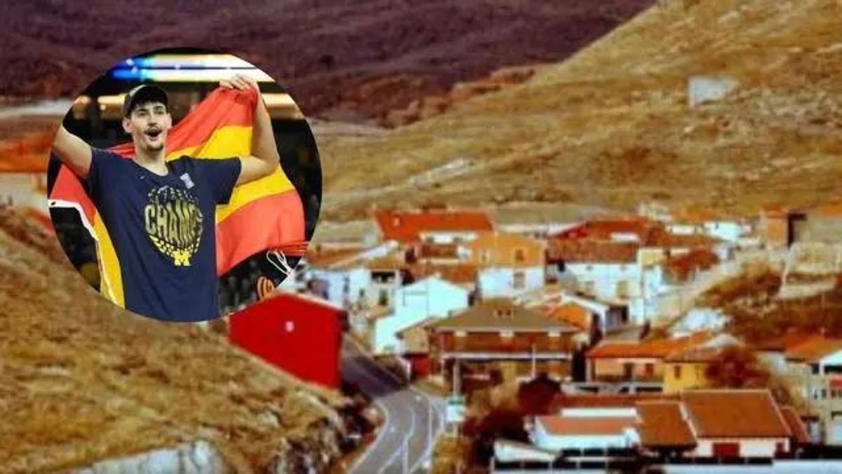 Aday Mara celebrando el título de la NCAA esta madrugada y de fondo, las vistas de Barrachina, en Teruel.