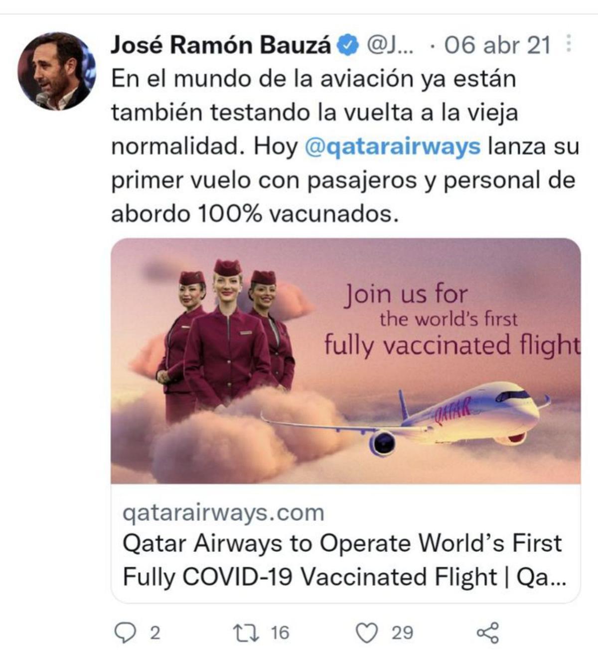 Bauzá publicitando la aerolínea qatarí. | TWITTER