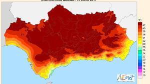 Mapa de la Aemet con las temperaturas máximas alcanzadas el jueves 14. El color más oscuro corresponde a registros superiores a 42 grados.