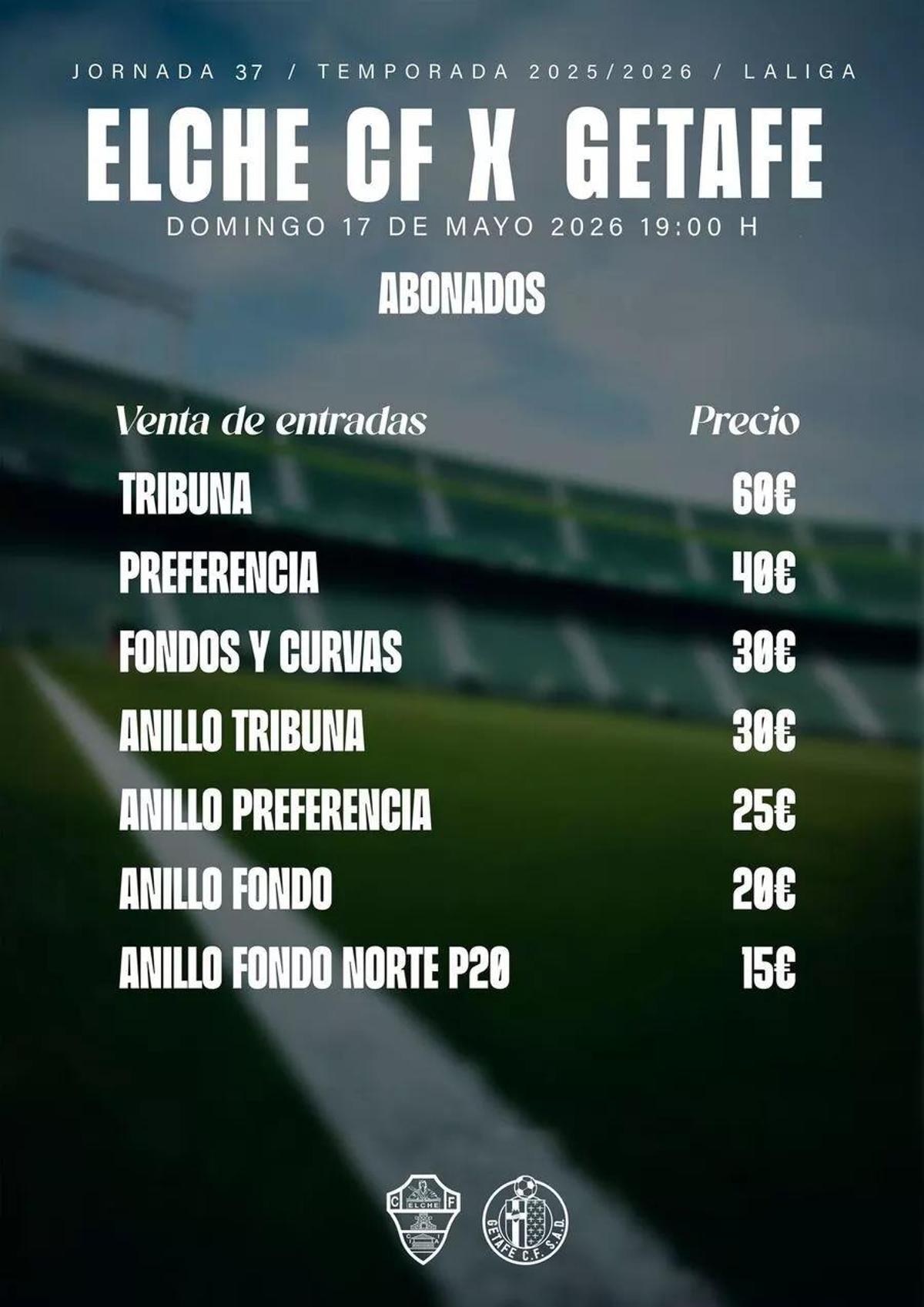 Precio de la promoción de entradas para abonados para el Elche-Getafe.