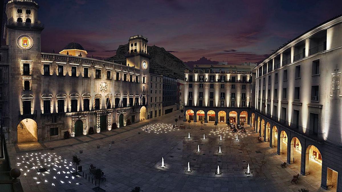 Recreación virtual de posibles colores para «teñir» la plaza del Ayuntamiento de Alicante.  | INFORMACIÓN