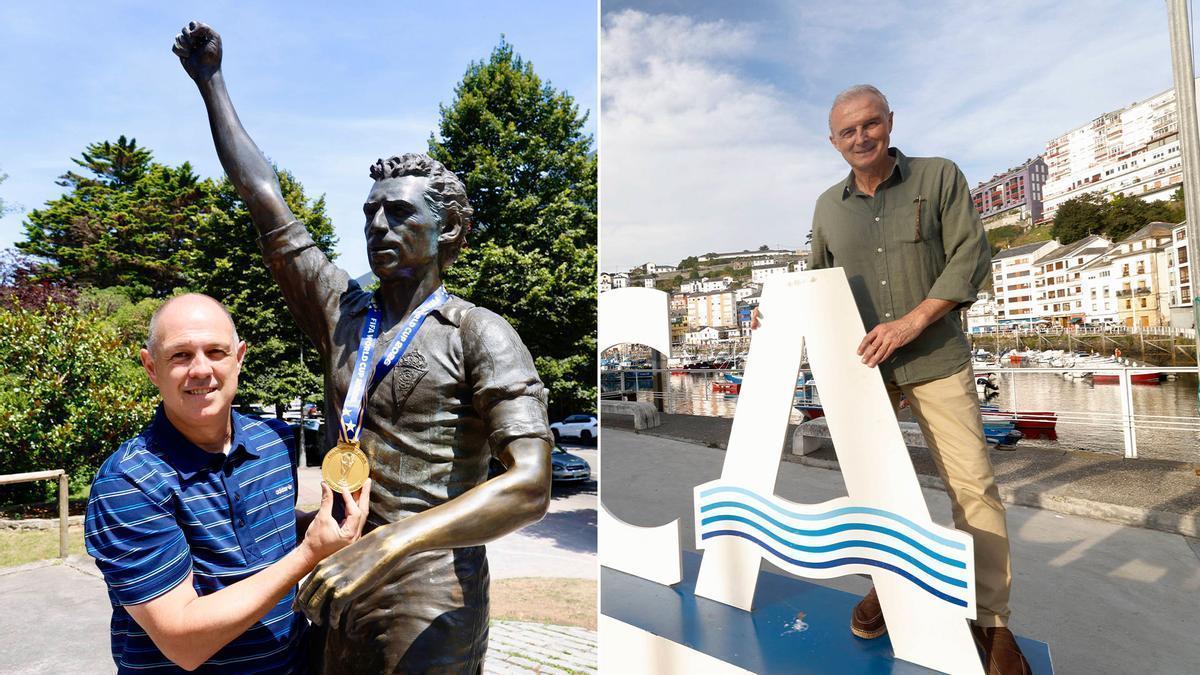 A lal izquierda, Juanjo González, con su medalla, junto a la estatuta de Quini; a la derecha, Óscar Celada, en Luarca.