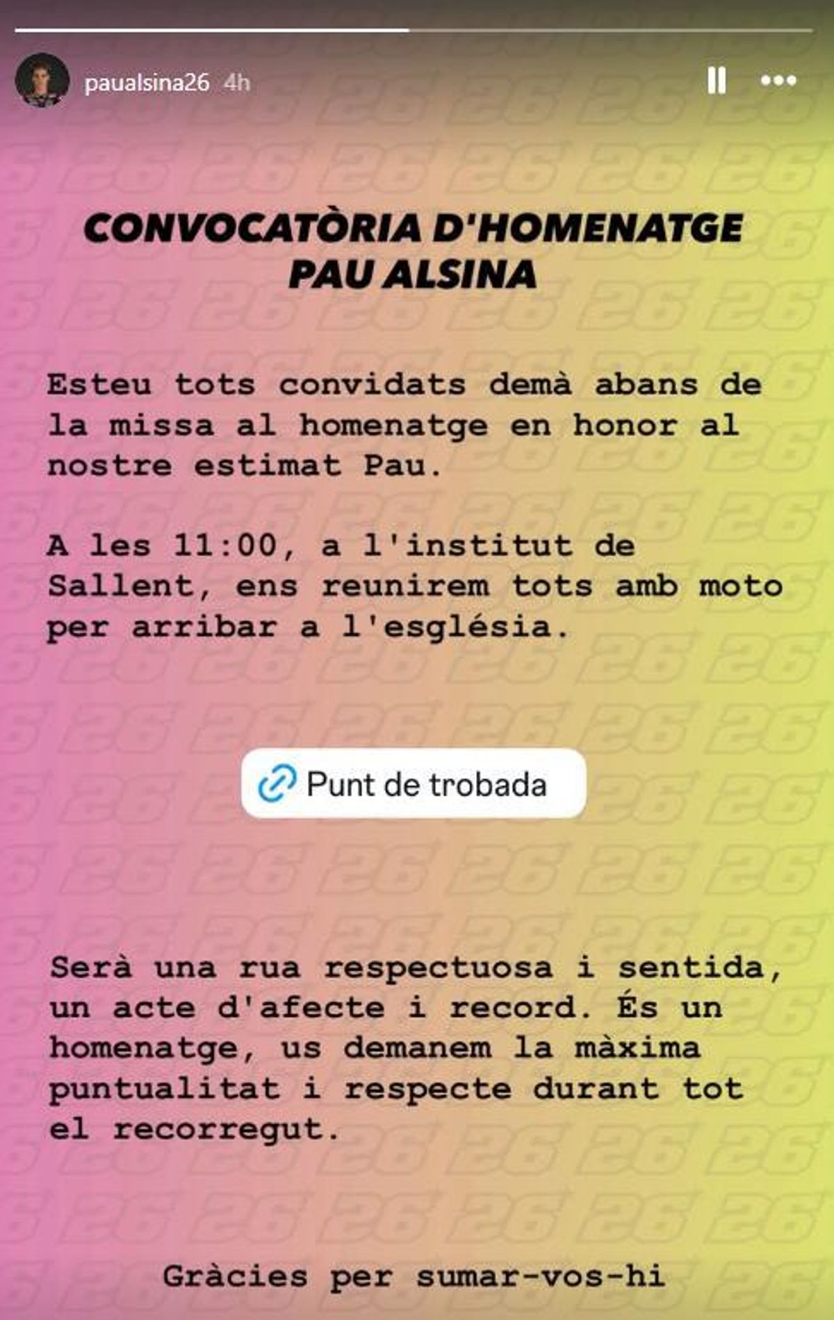 Història compartida per l'entorn de Pau Alsina a l'instagram del jove pilot
