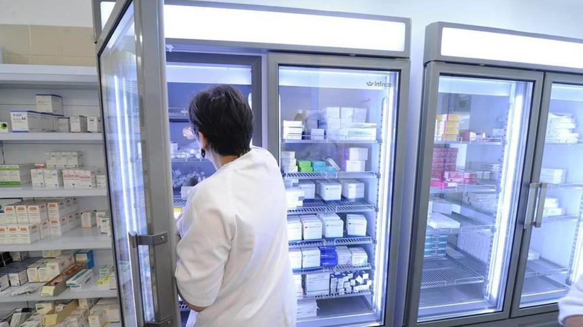 Profesional sanitaria comprueba la nevera en la farmacia del Hospital Reina Sofía de Murcia.