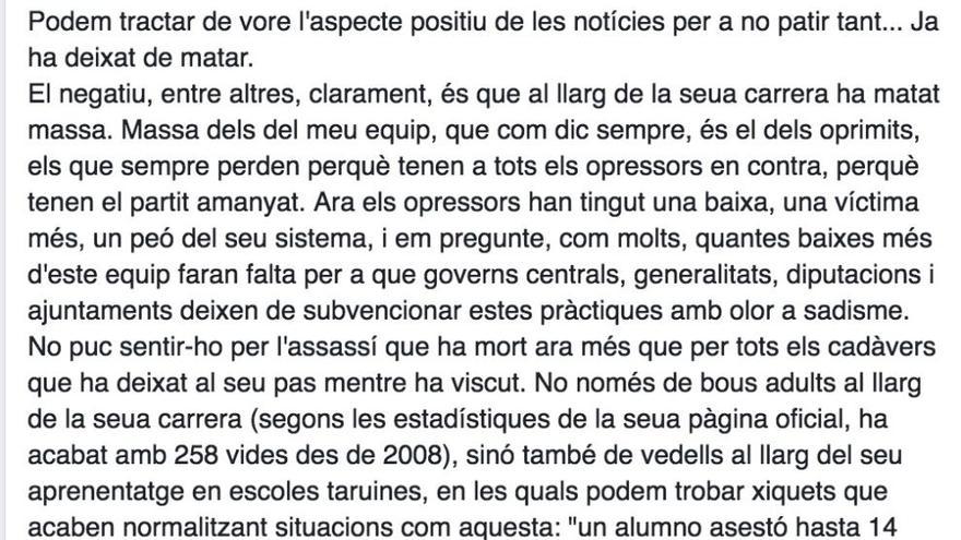 Una edil de Guanyar Catarroja ve &quot;algo positivo&quot; en la muerte del torero Barrio