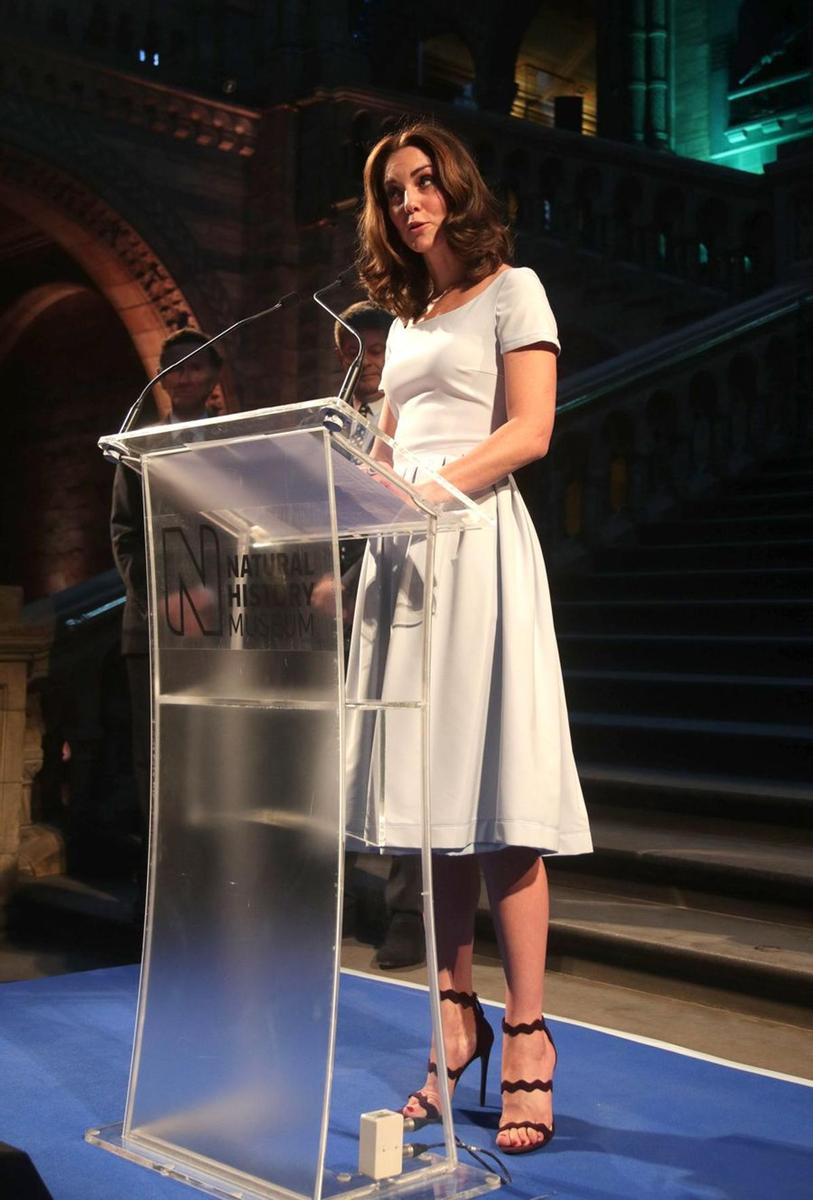 La Duquesa de Cambridge lució un vestido de Preen y sandalias Prada