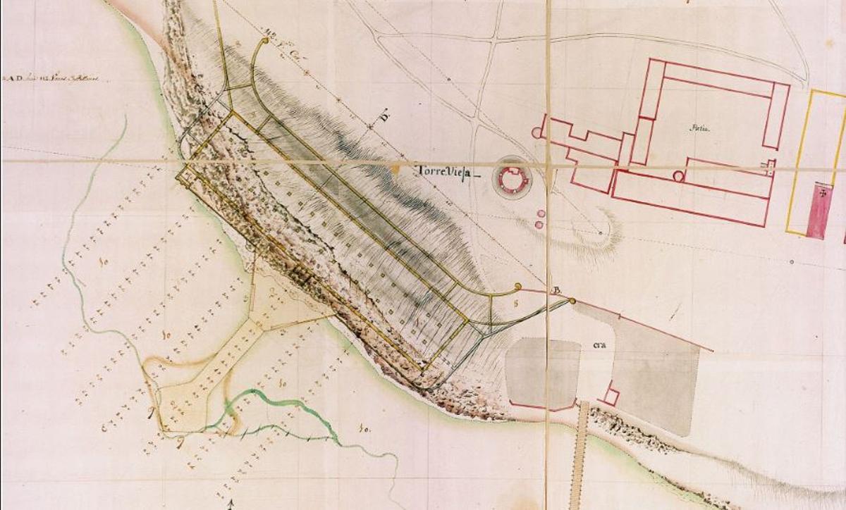 Proyecto de construcción de las Eras de la Sal en 1772 donde se indica la ubicación de la Torre Vieja