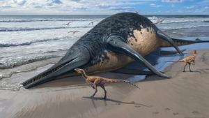 Reconstrucción artística de un Ichthyotitan severnensis varado la playa donde se ha encontrado 250 millones de años más tarde.