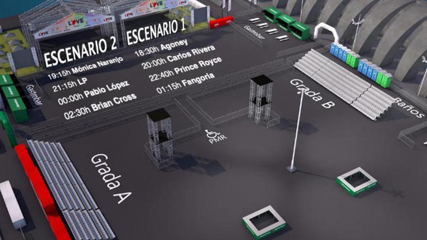 Plano de localización de los escenarios y las gradas.