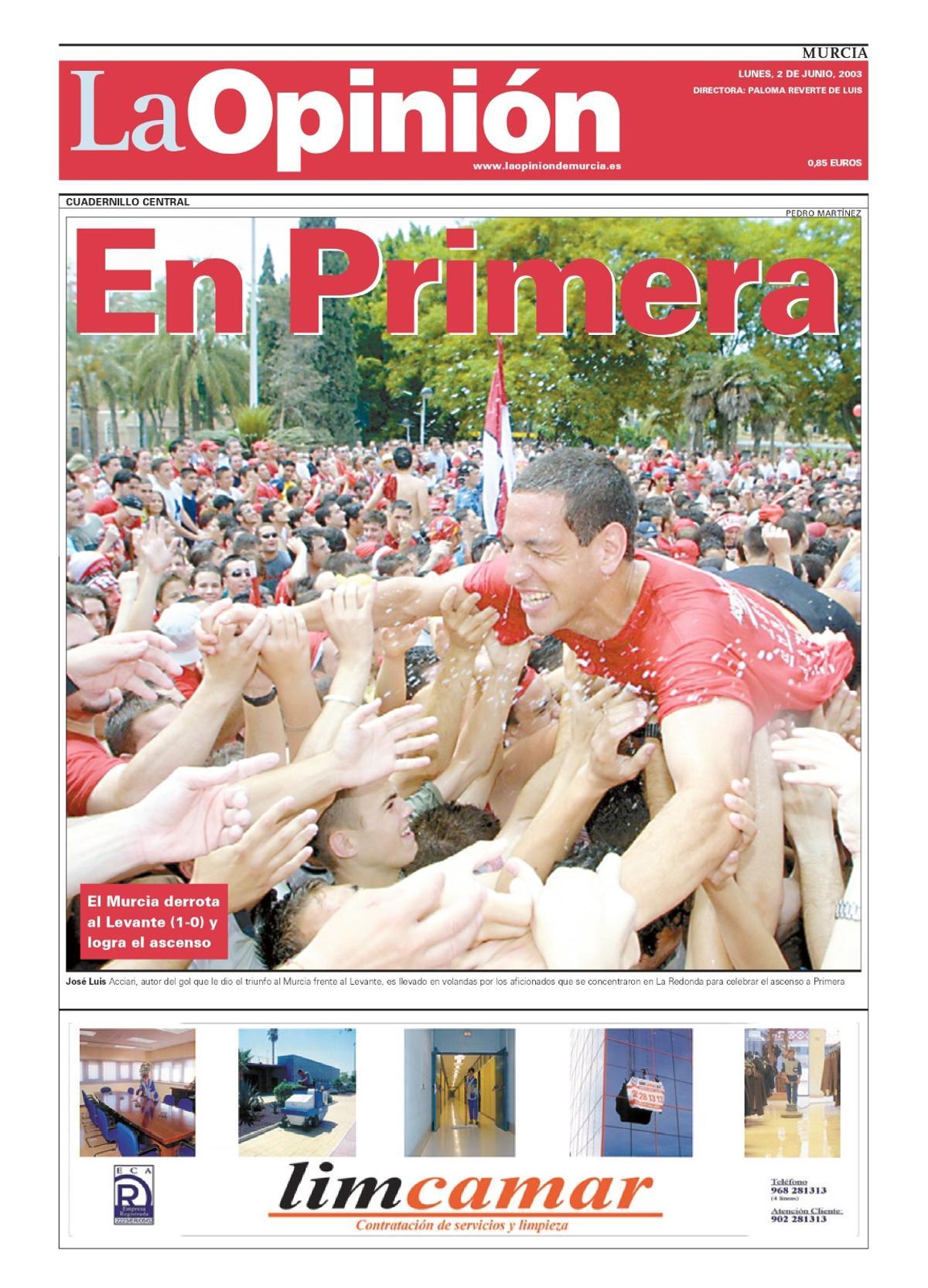 Portada de La Opinion tras el ascenso a Primera del Real Murcia en 2003.