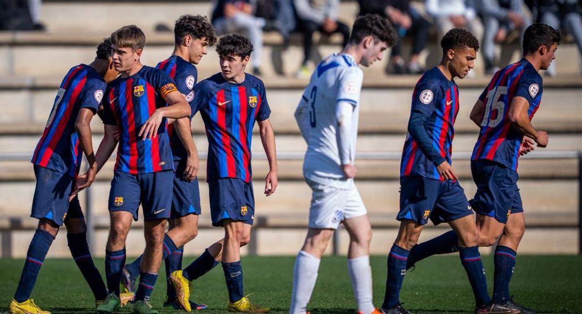 Los azulgranas en la celebración de un gol