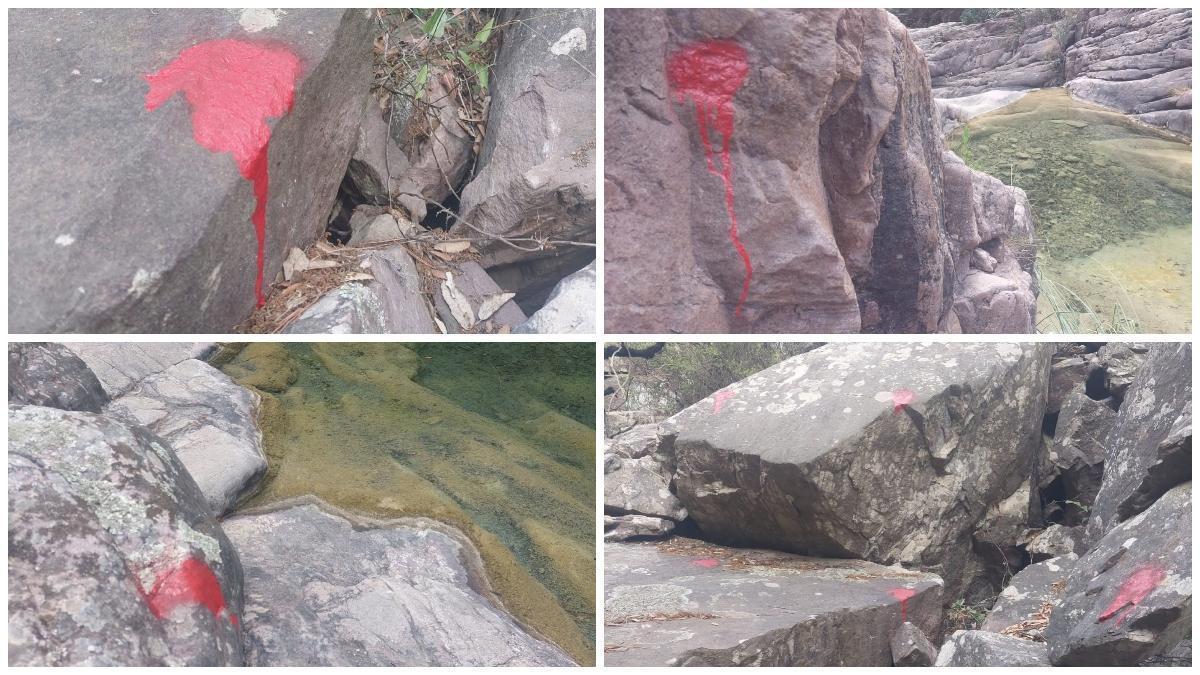 Algunas de las pintadas que se han encontrado en el Barranco de las Salinas en Cirat tras el acto vandálico