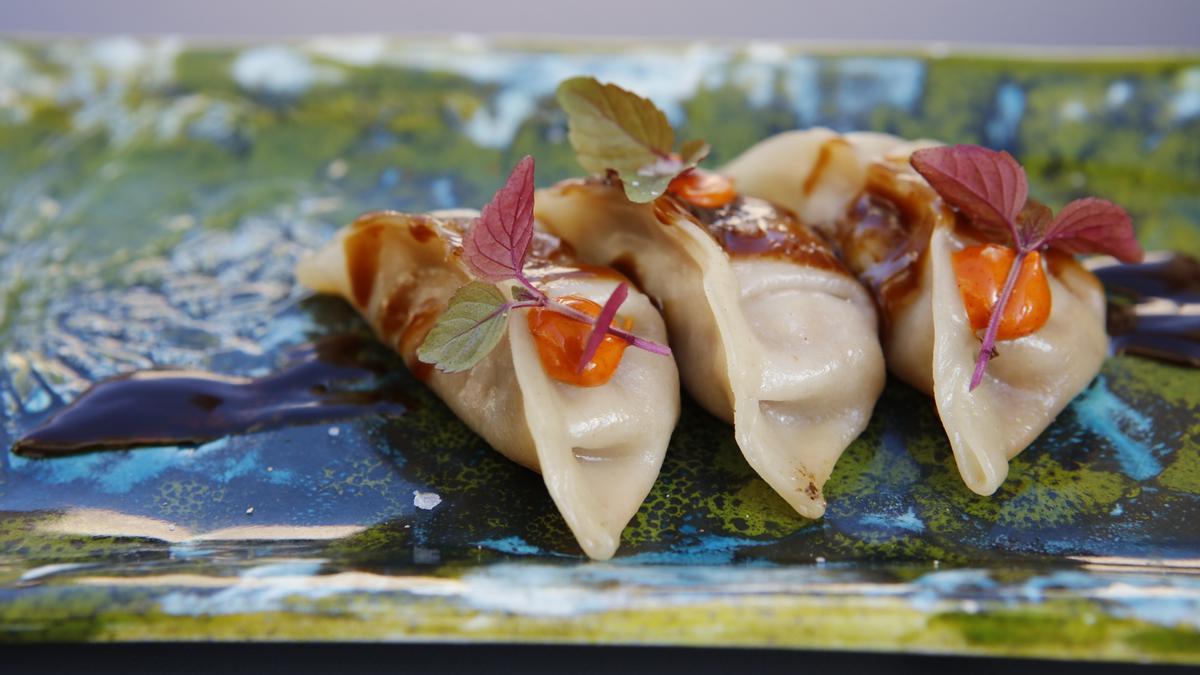 Gyozas mit Ente gefüllt an Pflaumensauca (Testportion).