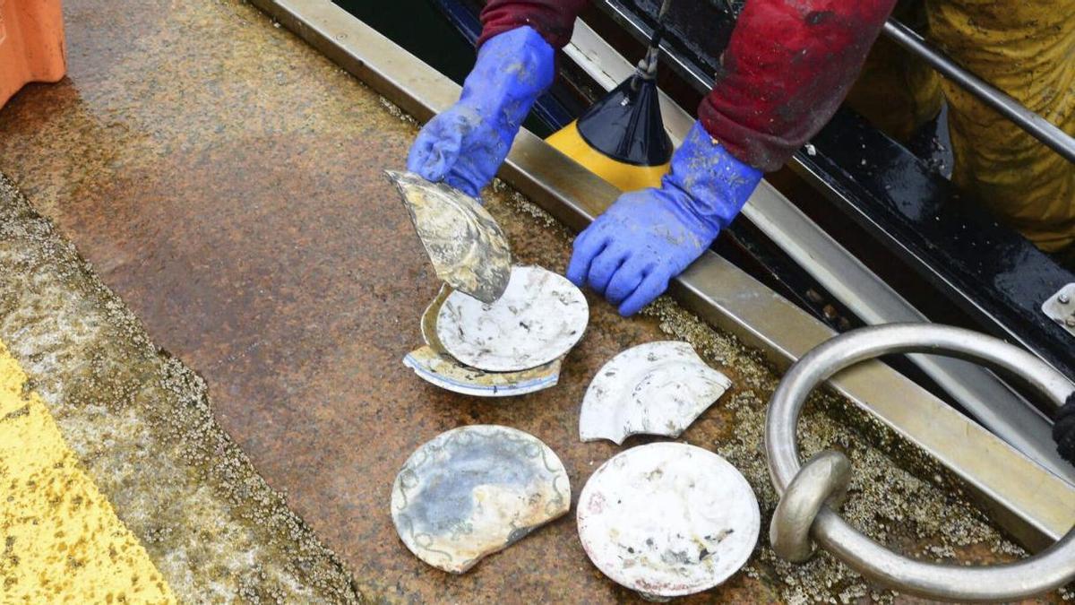 El otro tesoro bajo Rande: los marineros de la vieira de Cangas rescatan platos antiguos en sus rastros